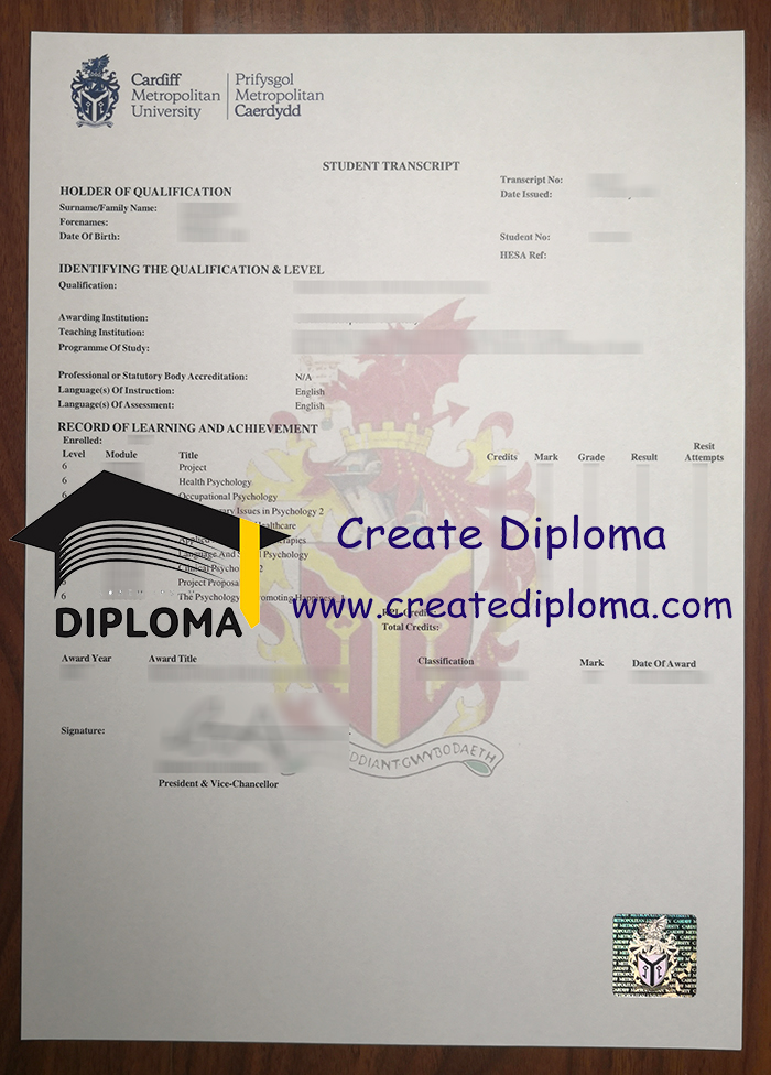 Cardiff Metropolitan University transcript