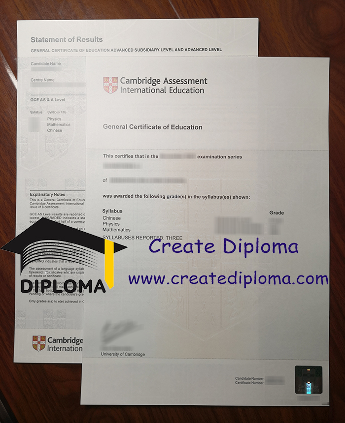 Cambridge GCE certificate and transcript