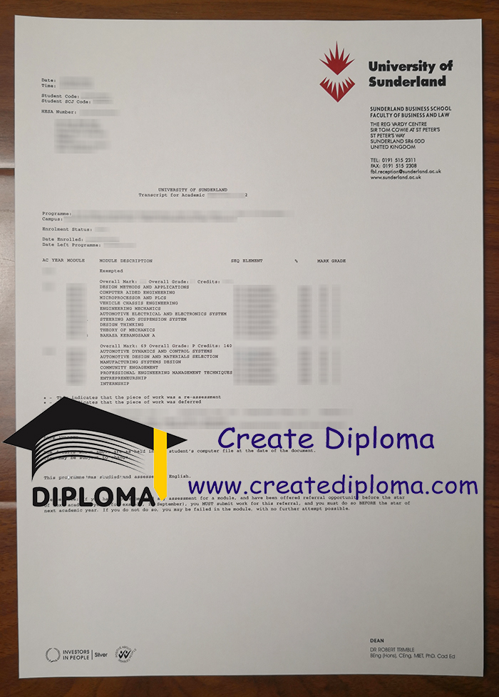 University of Sunderland transcript